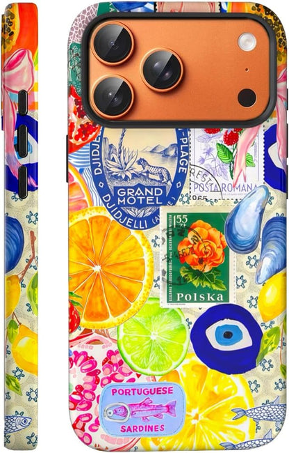 Compatible with iPhone 17 Case 6.3”, Cute Patterns Shockproof Protective Aesthetic Phone Case with Stylish Designs for Women Girl, Fruit Lemon European Summer Collage