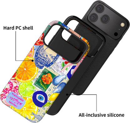 Compatible with iPhone 17 Case 6.3”, Cute Patterns Shockproof Protective Aesthetic Phone Case with Stylish Designs for Women Girl, Fruit Lemon European Summer Collage