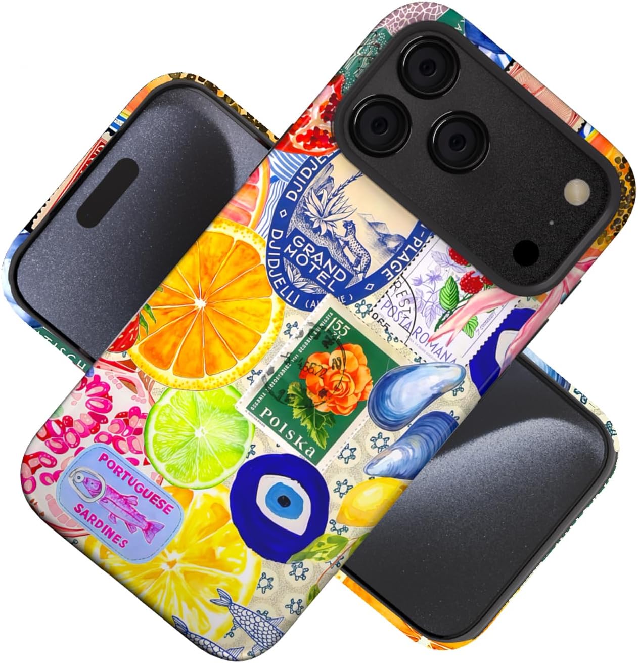 Compatible with iPhone 17 Case 6.3”, Cute Patterns Shockproof Protective Aesthetic Phone Case with Stylish Designs for Women Girl, Fruit Lemon European Summer Collage