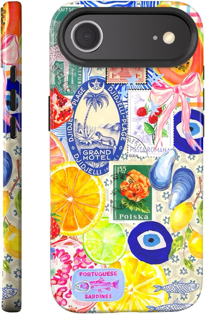 Compatible with iPhone 17 Case 6.3”, Cute Patterns Shockproof Protective Aesthetic Phone Case with Stylish Designs for Women Girl, Fruit Lemon European Summer Collage