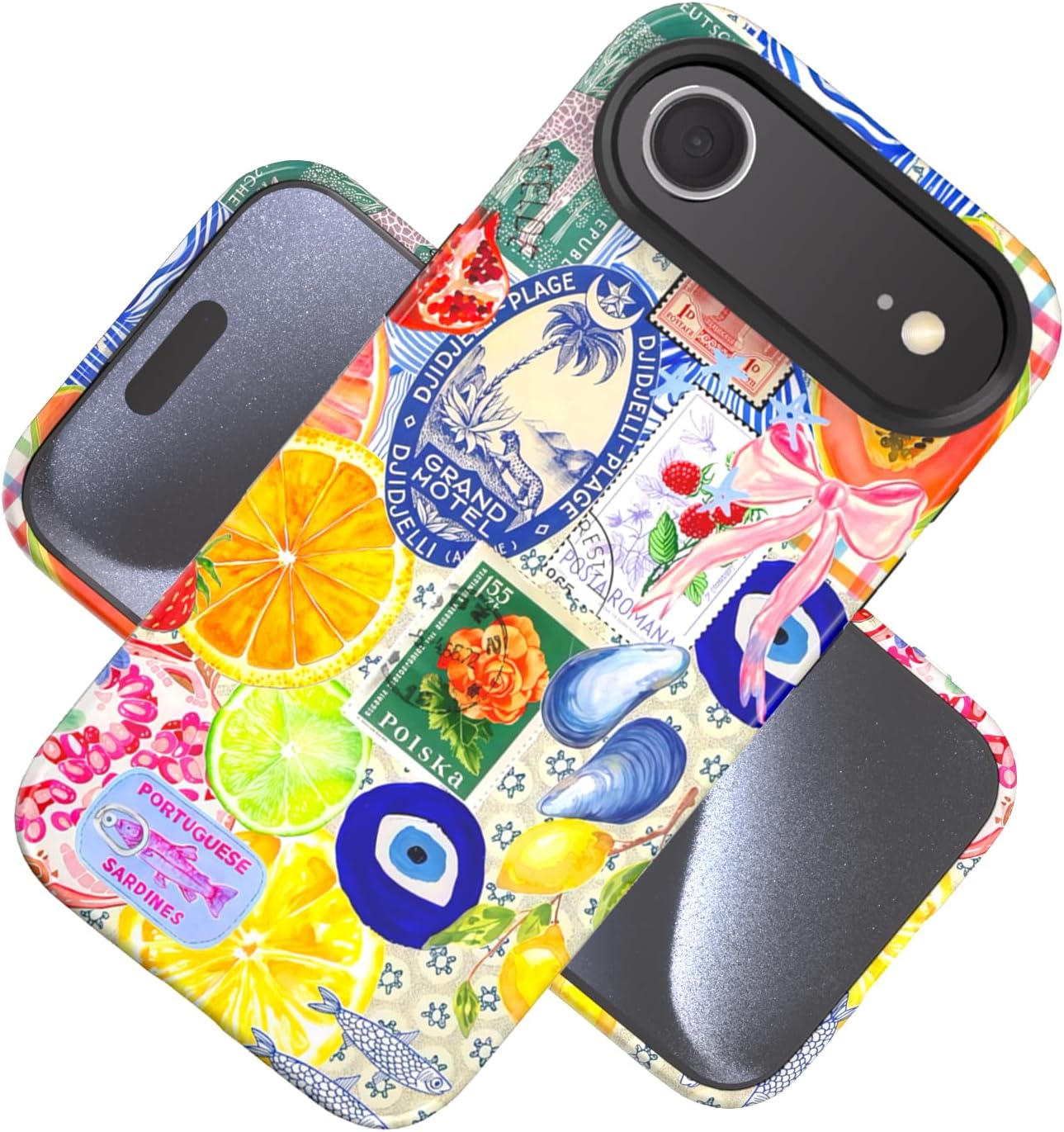 Compatible with iPhone 17 Case 6.3”, Cute Patterns Shockproof Protective Aesthetic Phone Case with Stylish Designs for Women Girl, Fruit Lemon European Summer Collage