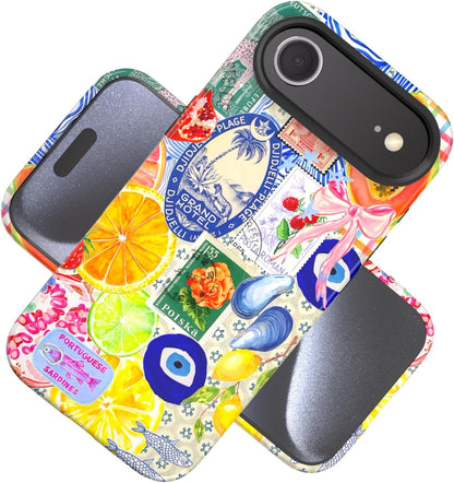 Compatible with iPhone 17 Case 6.3”, Cute Patterns Shockproof Protective Aesthetic Phone Case with Stylish Designs for Women Girl, Fruit Lemon European Summer Collage