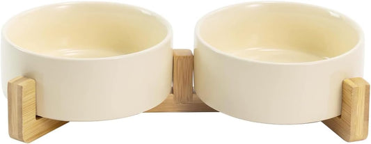 Ceramic Dog and Cat Bowl Set with Wooden Stand, Modern Cute Weighted Food Water Set for Small Size Dogs (13.5OZ) & Medium Sized Dogs (28.7OZ) & Cats (1.7 Cups, 2 × Beige)