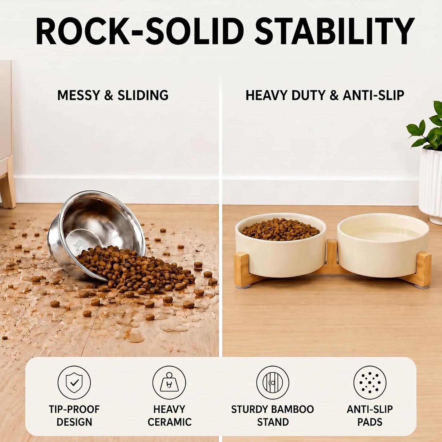 Ceramic Dog and Cat Bowl Set with Wooden Stand, Modern Cute Weighted Food Water Set for Small Size Dogs (13.5OZ) & Medium Sized Dogs (28.7OZ) & Cats (1.7 Cups, 2 × Beige)