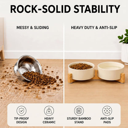 Ceramic Dog and Cat Bowl Set with Wooden Stand, Modern Cute Weighted Food Water Set for Small Size Dogs (13.5OZ) & Medium Sized Dogs (28.7OZ) & Cats (1.7 Cups, 2 × Beige)