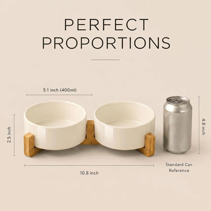 Ceramic Dog and Cat Bowl Set with Wooden Stand, Modern Cute Weighted Food Water Set for Small Size Dogs (13.5OZ) & Medium Sized Dogs (28.7OZ) & Cats (1.7 Cups, 2 × Beige)