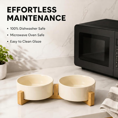 Ceramic Dog and Cat Bowl Set with Wooden Stand, Modern Cute Weighted Food Water Set for Small Size Dogs (13.5OZ) & Medium Sized Dogs (28.7OZ) & Cats (1.7 Cups, 2 × Beige)