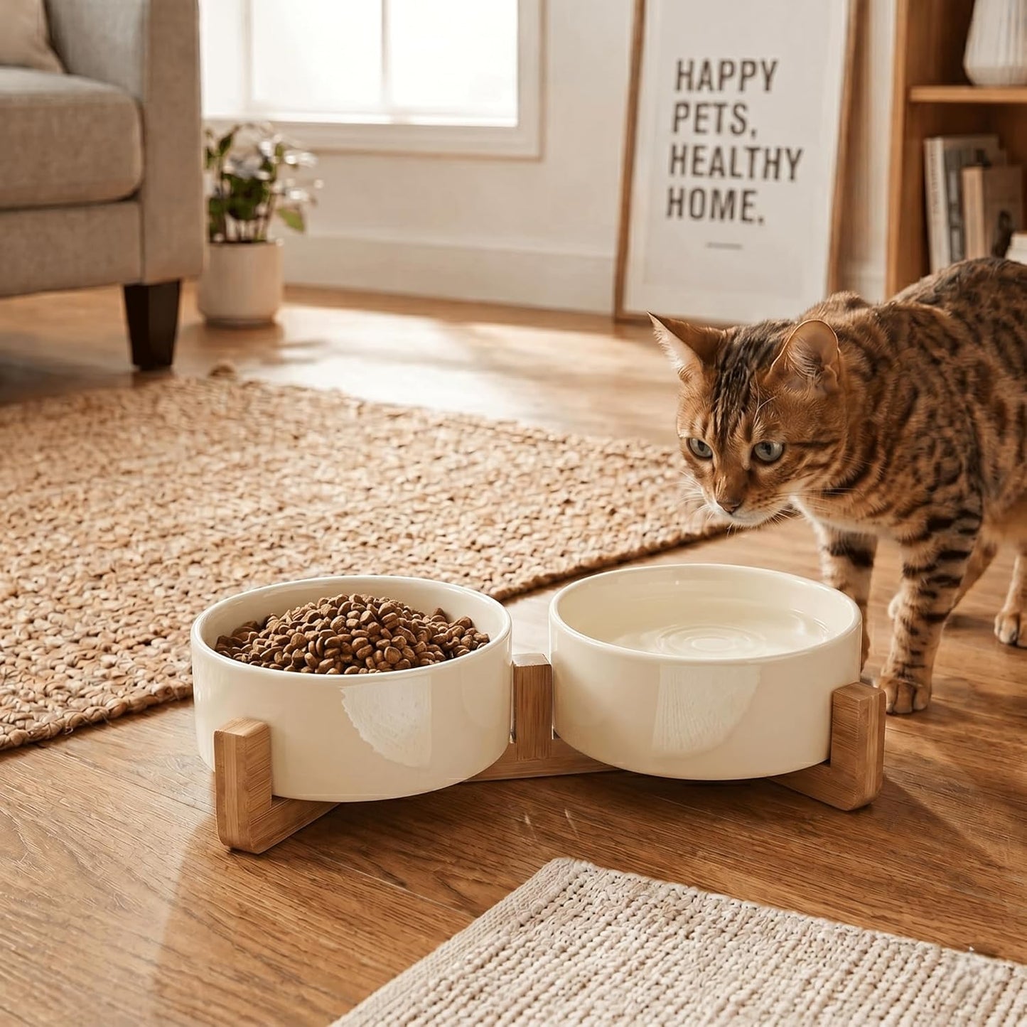 Ceramic Dog and Cat Bowl Set with Wooden Stand, Modern Cute Weighted Food Water Set for Small Size Dogs (13.5OZ) & Medium Sized Dogs (28.7OZ) & Cats (1.7 Cups, 2 × Beige)