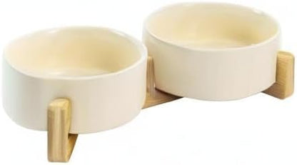 Ceramic Dog and Cat Bowl Set with Wooden Stand, Modern Cute Weighted Food Water Set for Small Size Dogs (13.5OZ) & Medium Sized Dogs (28.7OZ) & Cats (1.7 Cups, 2 × Beige)