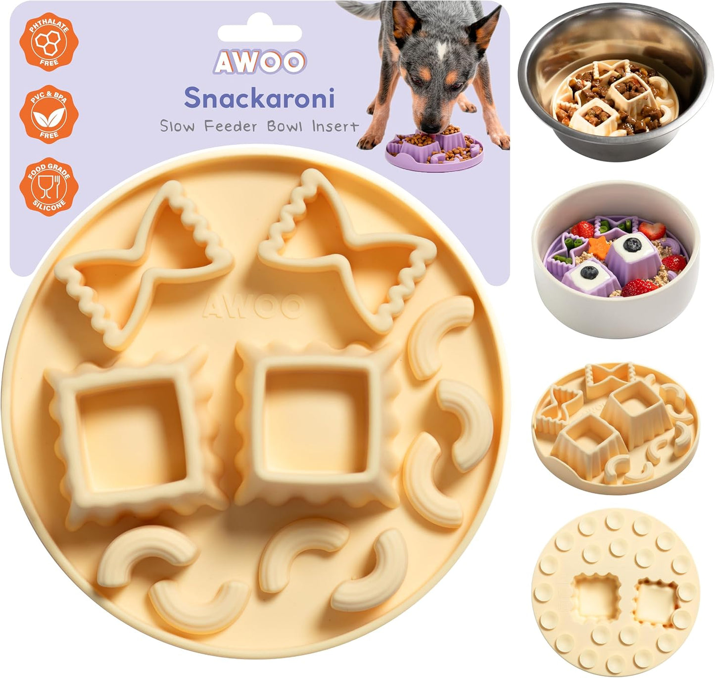Snackaroni - Silicone Slow Feeder for Dog Bowls Over 5.5-Inches - Non-Slip, Wet and Dry Food-Compatible Pet Dish with Suction Cups - Extends Mealtime for Fast Eaters - Dishwasher Safe (Yellow)