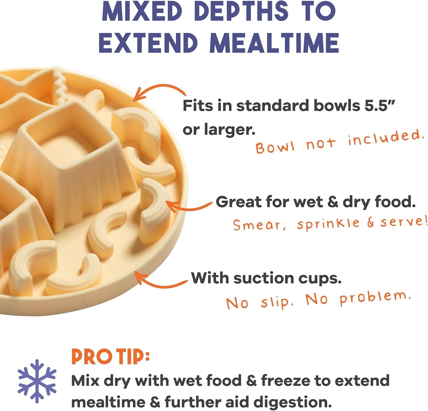 Snackaroni - Silicone Slow Feeder for Dog Bowls Over 5.5-Inches - Non-Slip, Wet and Dry Food-Compatible Pet Dish with Suction Cups - Extends Mealtime for Fast Eaters - Dishwasher Safe (Yellow)