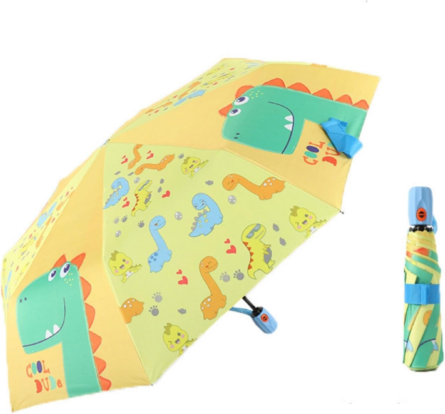 Yellow Dinosaur Pongee Fabric Auto Open/Close Umbrella Windproof UV Protection Compact for Easy Carrying Non Slip Handle