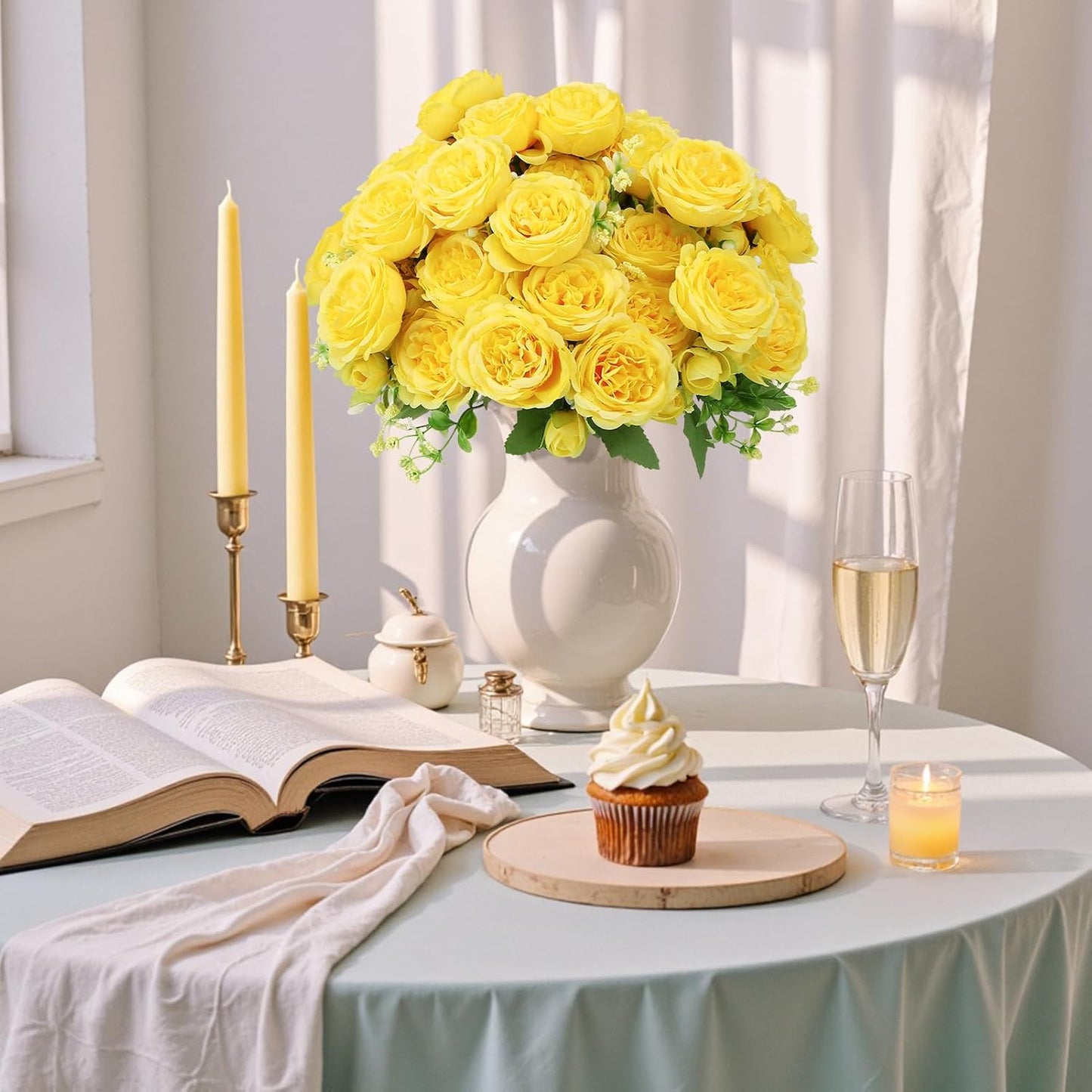 8 Pack Yellow Peonies Artificial Flowers | Fake Silk Hydrangea Bouquet for Bridal Wedding Home Table Decor Reusable Dining Opening Ceremony Birthday Arrangement