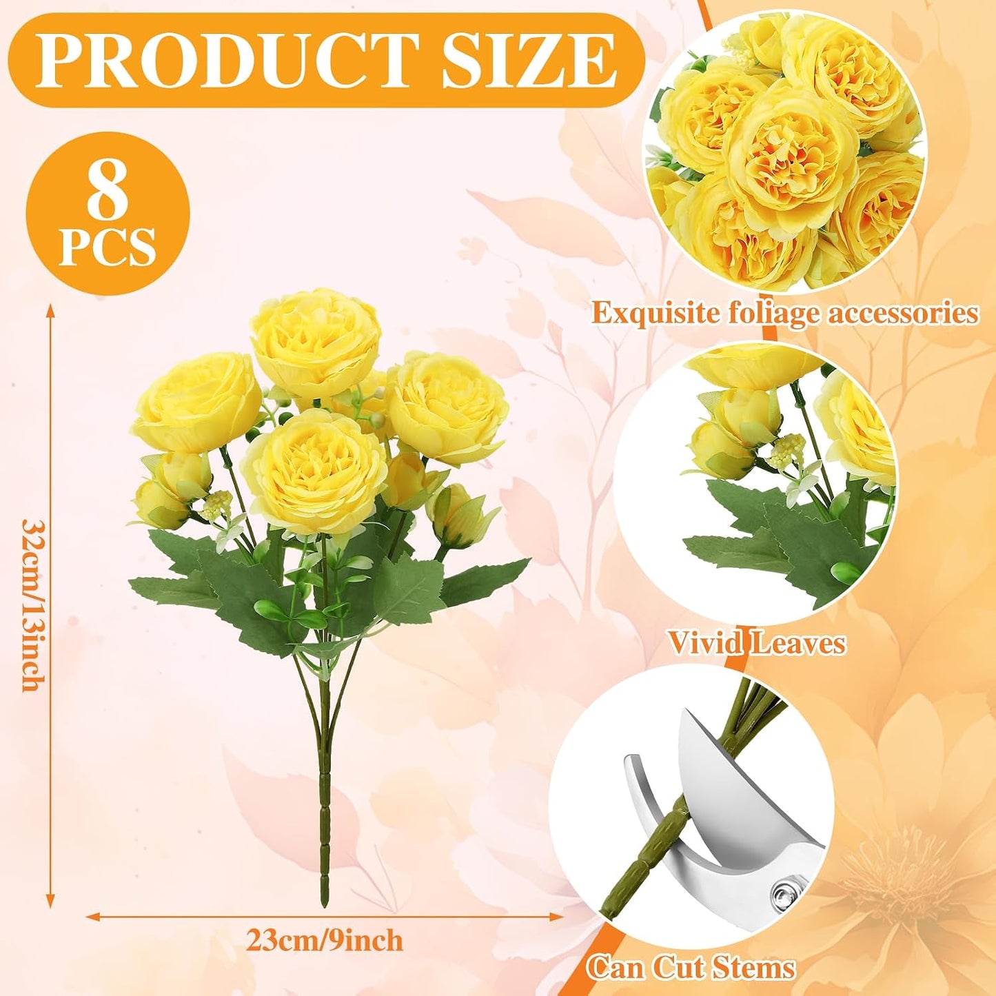 8 Pack Yellow Peonies Artificial Flowers | Fake Silk Hydrangea Bouquet for Bridal Wedding Home Table Decor Reusable Dining Opening Ceremony Birthday Arrangement