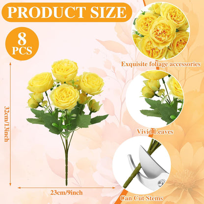 8 Pack Yellow Peonies Artificial Flowers | Fake Silk Hydrangea Bouquet for Bridal Wedding Home Table Decor Reusable Dining Opening Ceremony Birthday Arrangement