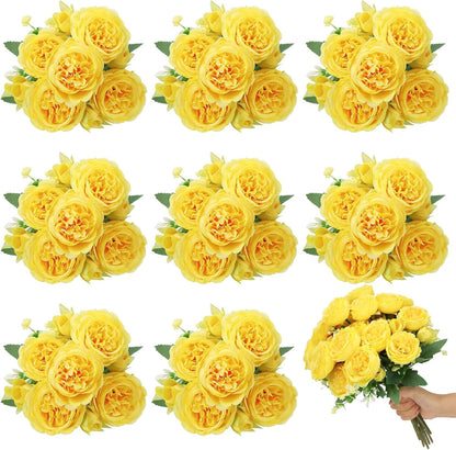 8 Pack Yellow Peonies Artificial Flowers | Fake Silk Hydrangea Bouquet for Bridal Wedding Home Table Decor Reusable Dining Opening Ceremony Birthday Arrangement
