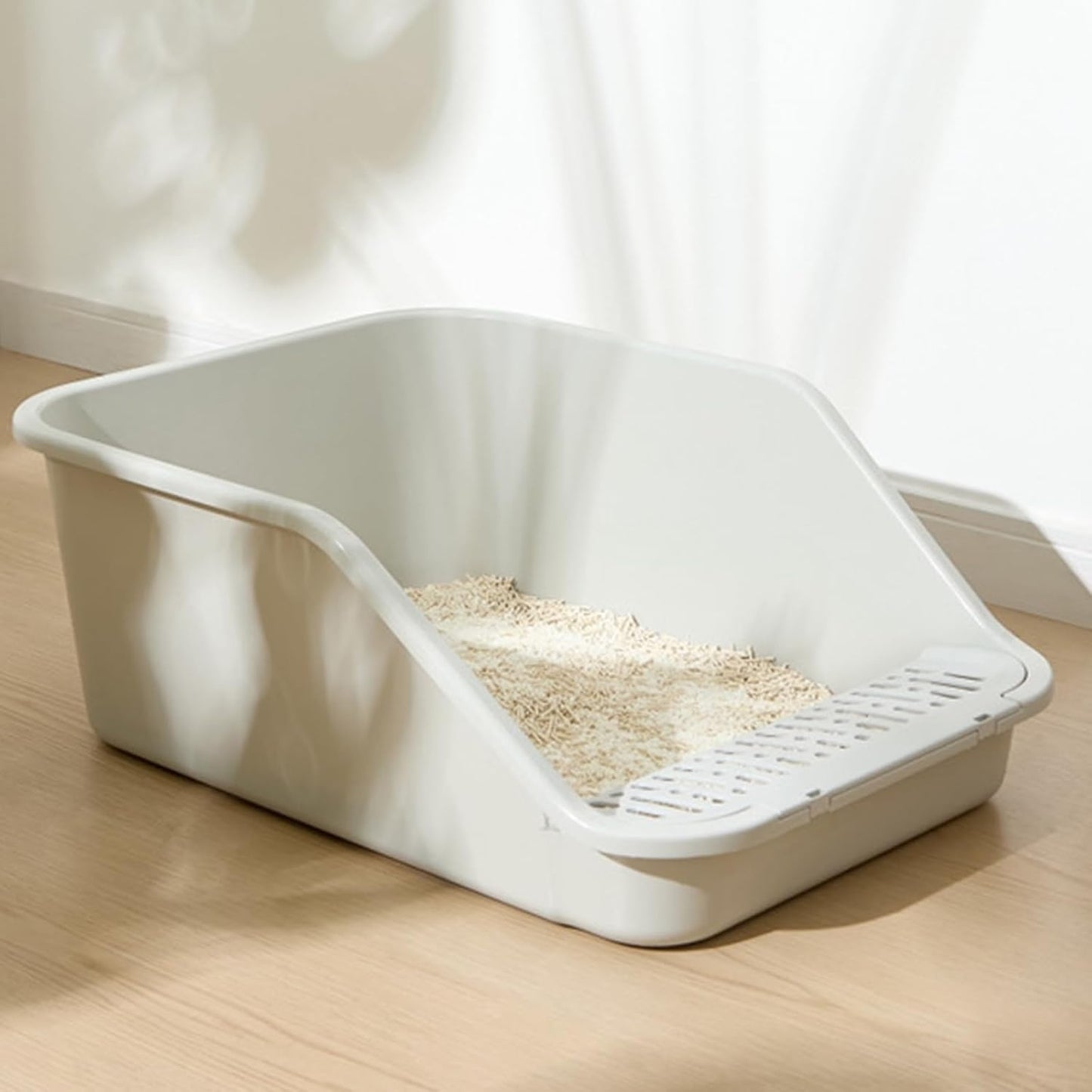 SpaceTime Large Cat Litter Box with High Sides,Cat Boxes for Indoor Cats,Cat Litter Pan for Kitty,Litter Box with Low Entry,Easy to Clean,Anti-Splashing(Grey-Yellow)