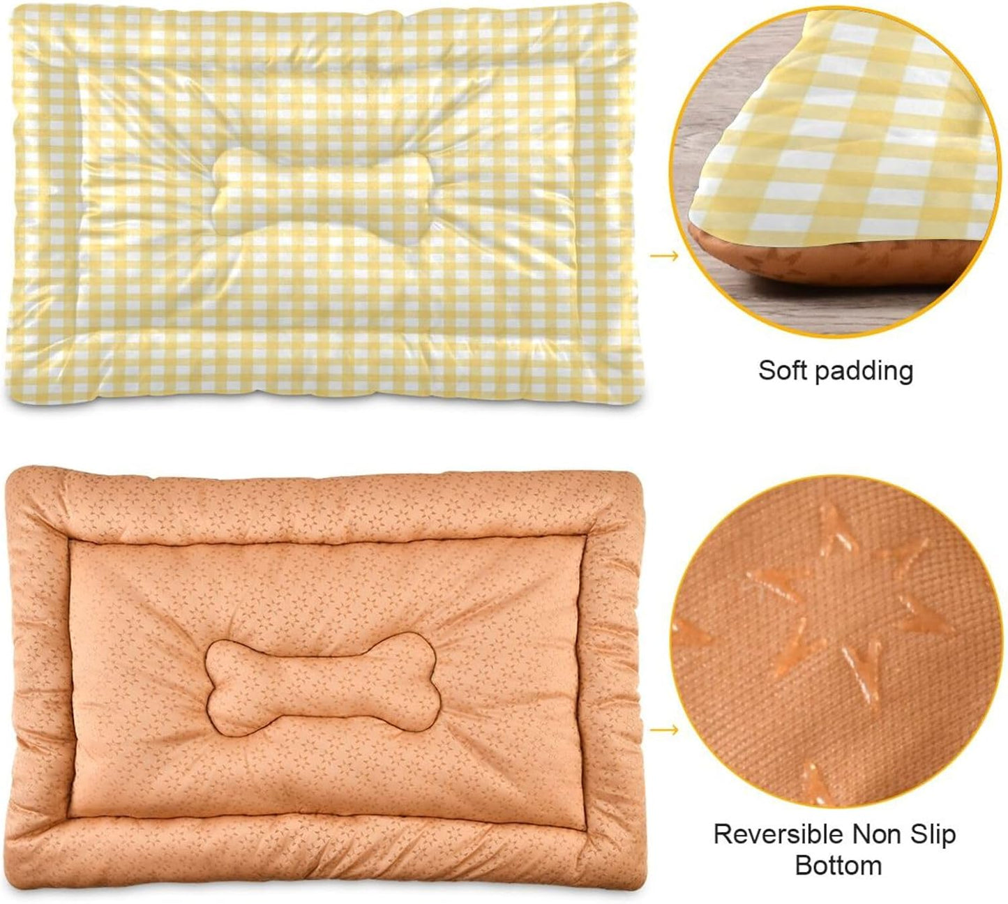 Yellow Gingham Dog Bed Mat Cat Crate Pad with Non-Slip Bottom, Washable Soft Pet Kennel Beds for Small Medium Large Dogs, 36"x24"