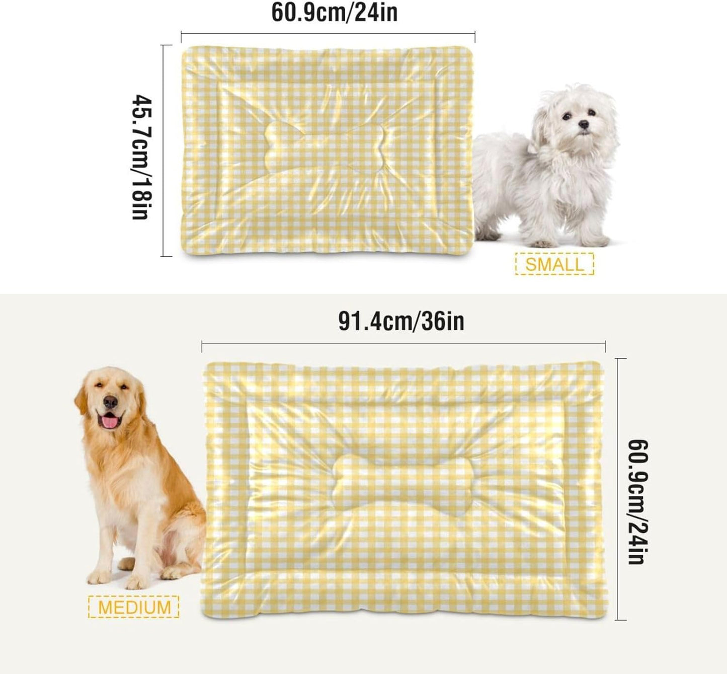 Yellow Gingham Dog Bed Mat Cat Crate Pad with Non-Slip Bottom, Washable Soft Pet Kennel Beds for Small Medium Large Dogs, 36"x24"