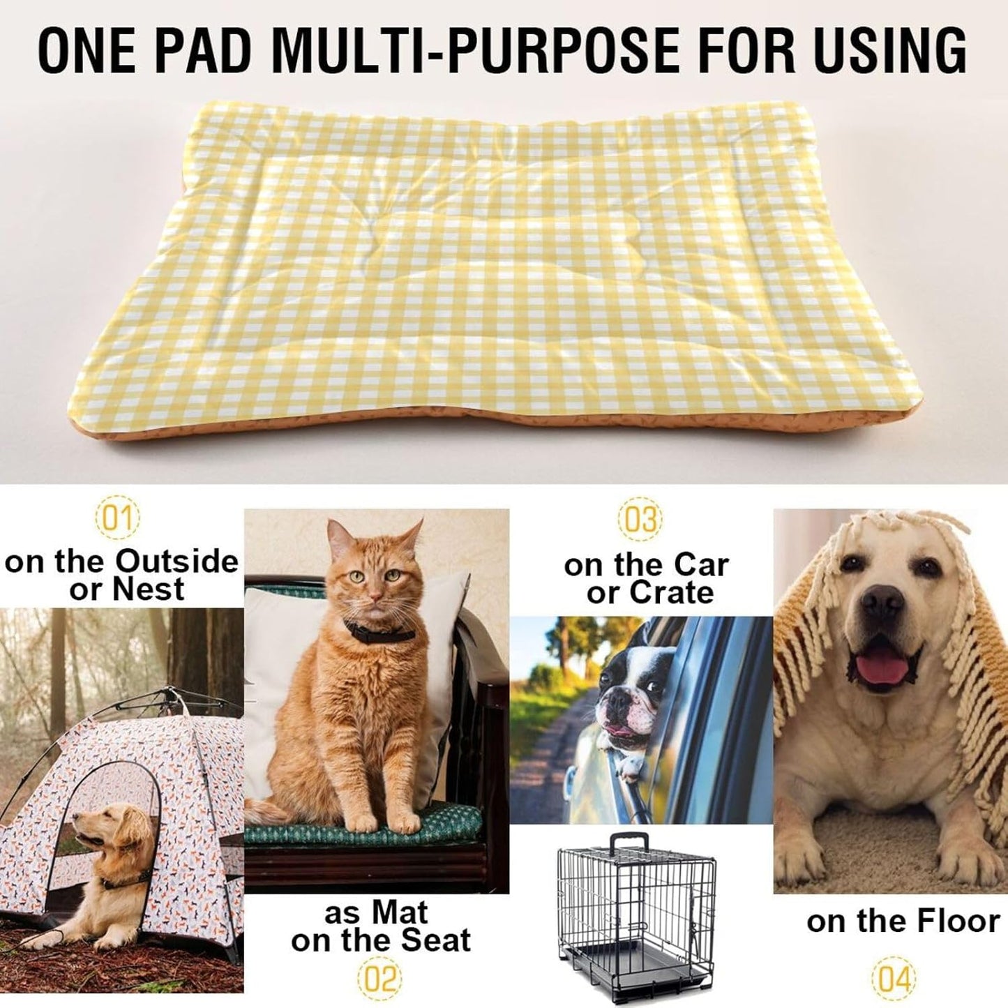 Yellow Gingham Dog Bed Mat Cat Crate Pad with Non-Slip Bottom, Washable Soft Pet Kennel Beds for Small Medium Large Dogs, 36"x24"