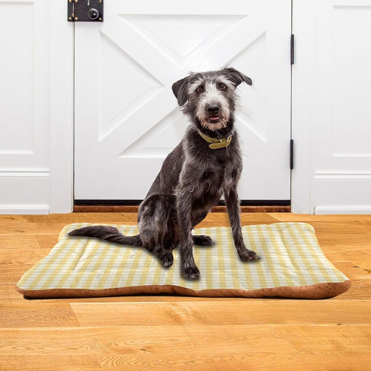 Yellow Gingham Dog Bed Mat Cat Crate Pad with Non-Slip Bottom, Washable Soft Pet Kennel Beds for Small Medium Large Dogs, 36"x24"