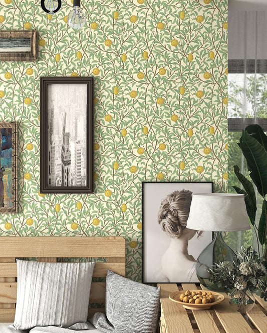 Lemon Peel and Stick Wallpaper Leaf Contact Paper 17.3''×393'' | Self Adhesive Wallpaper Green and Beige waterproof Wall Paper Removable Decorative for Bedroom Bathroom Cabinets Decor Vinyl