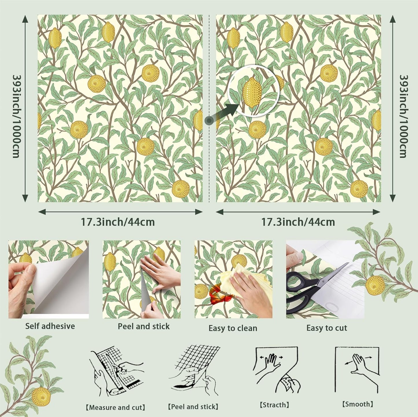 Lemon Peel and Stick Wallpaper Leaf Contact Paper 17.3''×393'' | Self Adhesive Wallpaper Green and Beige waterproof Wall Paper Removable Decorative for Bedroom Bathroom Cabinets Decor Vinyl
