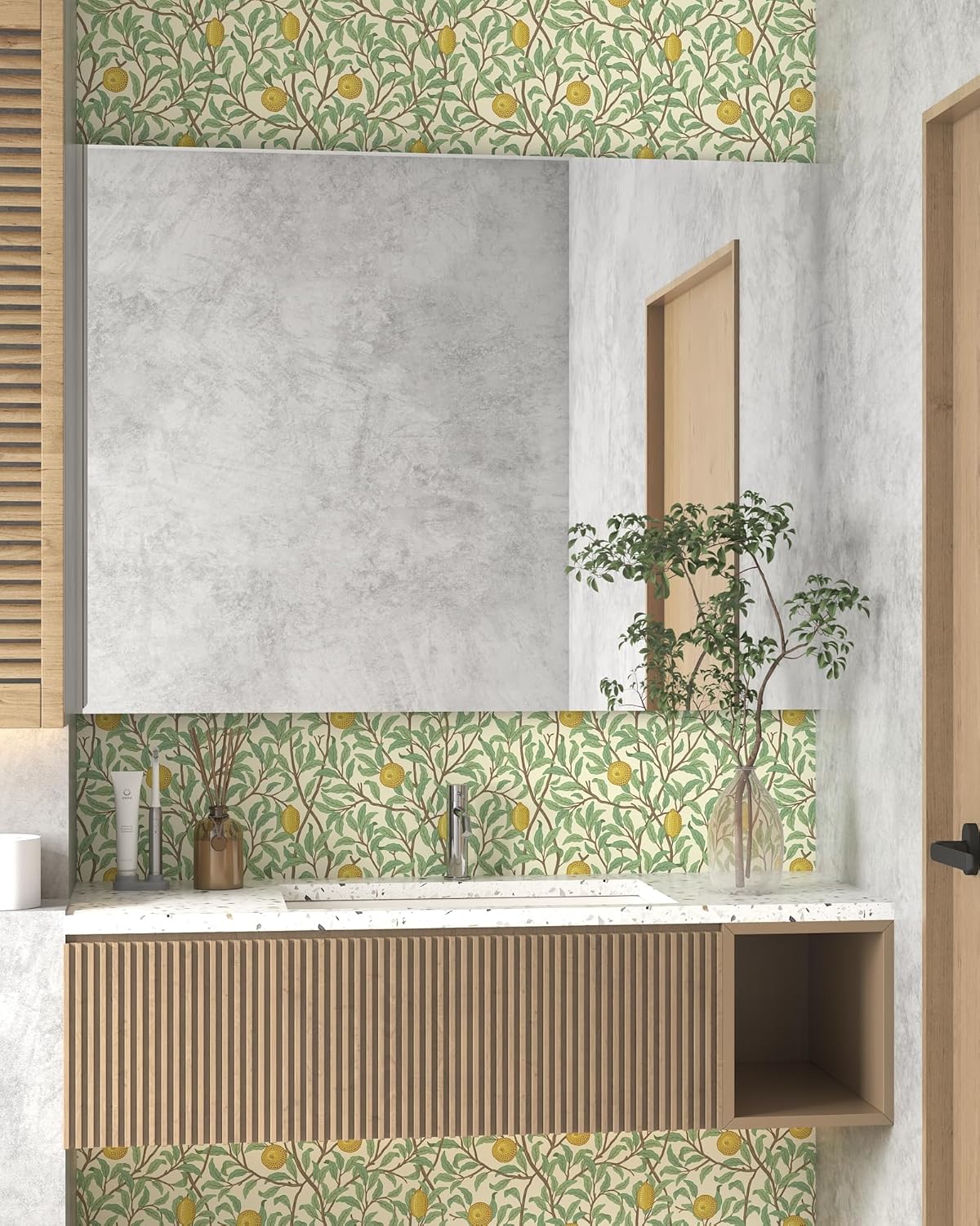 Lemon Peel and Stick Wallpaper Leaf Contact Paper 17.3''×393'' | Self Adhesive Wallpaper Green and Beige waterproof Wall Paper Removable Decorative for Bedroom Bathroom Cabinets Decor Vinyl