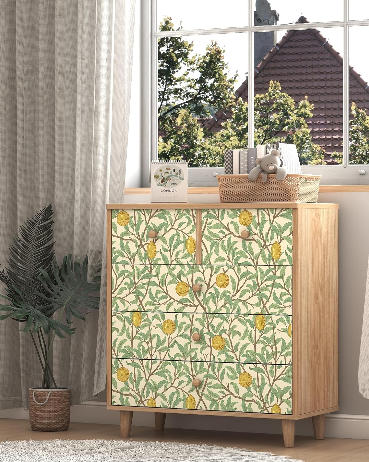 Lemon Peel and Stick Wallpaper Leaf Contact Paper 17.3''×393'' | Self Adhesive Wallpaper Green and Beige waterproof Wall Paper Removable Decorative for Bedroom Bathroom Cabinets Decor Vinyl