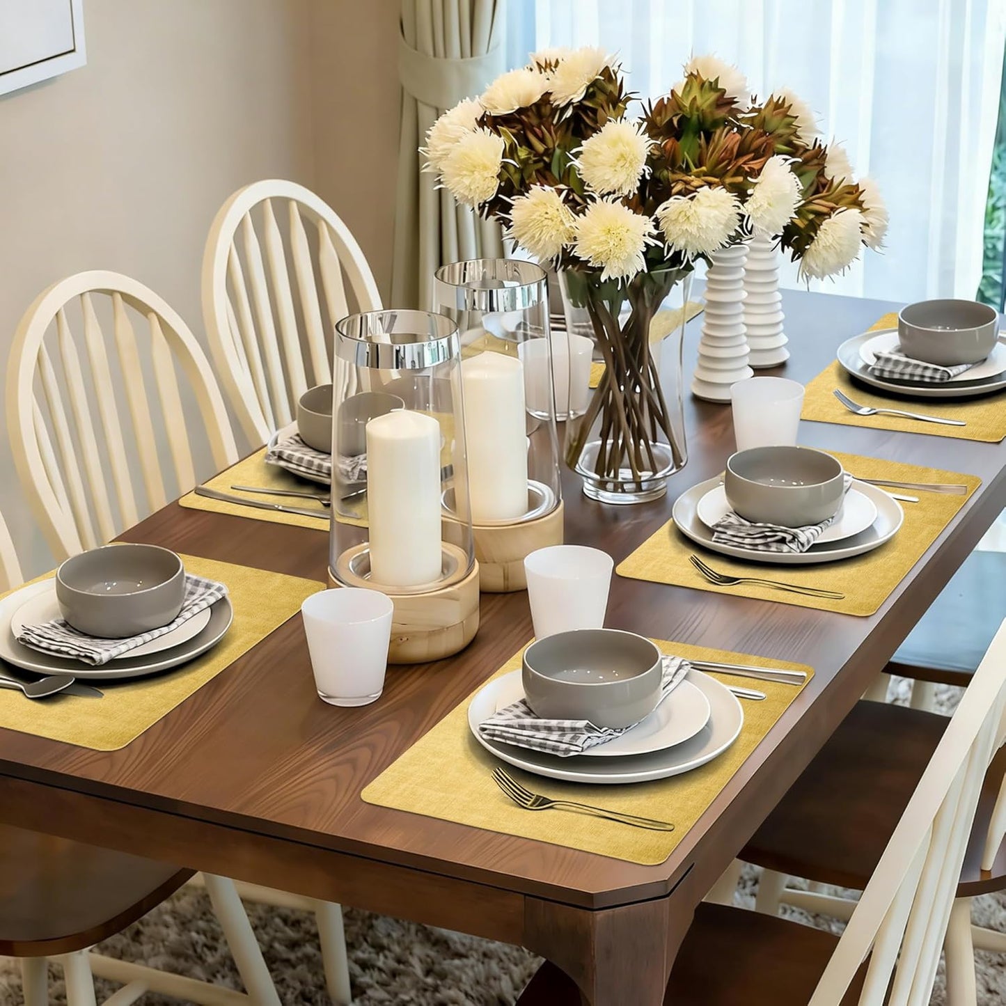 Faux Leather Placemats Set of 4 - Waterproof - Wipe Clean - Heat Resistant - Anti Slip Dining Table Place Mats, Suitable for Indoor & Outdoor Use, 17’’×12’’, Light Yellow