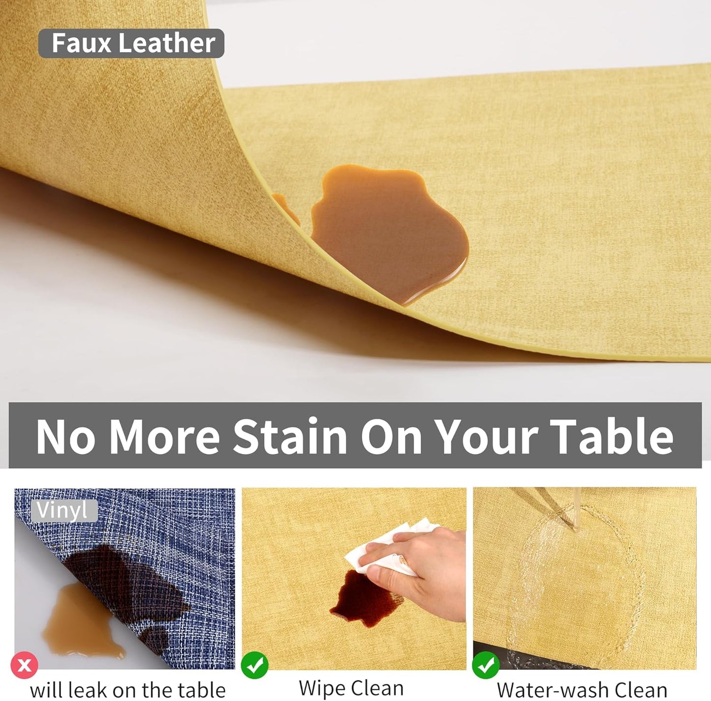 Faux Leather Placemats Set of 4 - Waterproof - Wipe Clean - Heat Resistant - Anti Slip Dining Table Place Mats, Suitable for Indoor & Outdoor Use, 17’’×12’’, Light Yellow