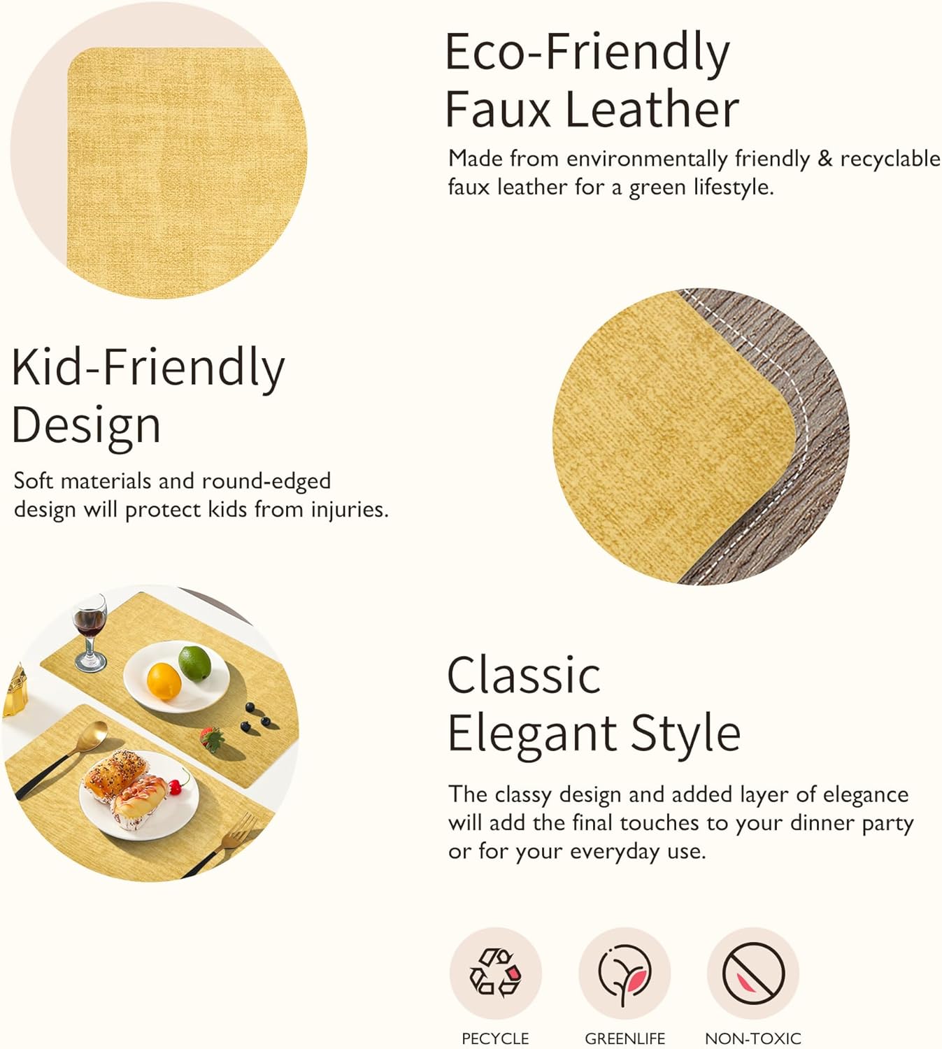 Faux Leather Placemats Set of 4 - Waterproof - Wipe Clean - Heat Resistant - Anti Slip Dining Table Place Mats, Suitable for Indoor & Outdoor Use, 17’’×12’’, Light Yellow