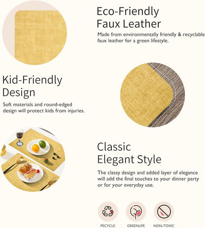 Faux Leather Placemats Set of 4 - Waterproof - Wipe Clean - Heat Resistant - Anti Slip Dining Table Place Mats, Suitable for Indoor & Outdoor Use, 17’’×12’’, Light Yellow