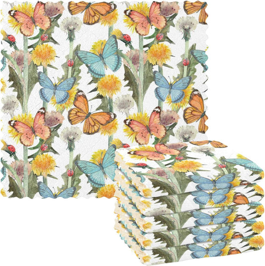 Wild Flower Butterfly Kitchen Towel Set of 6 Reusable Cleaning Cloths Bar Hand Towel Dishcloths