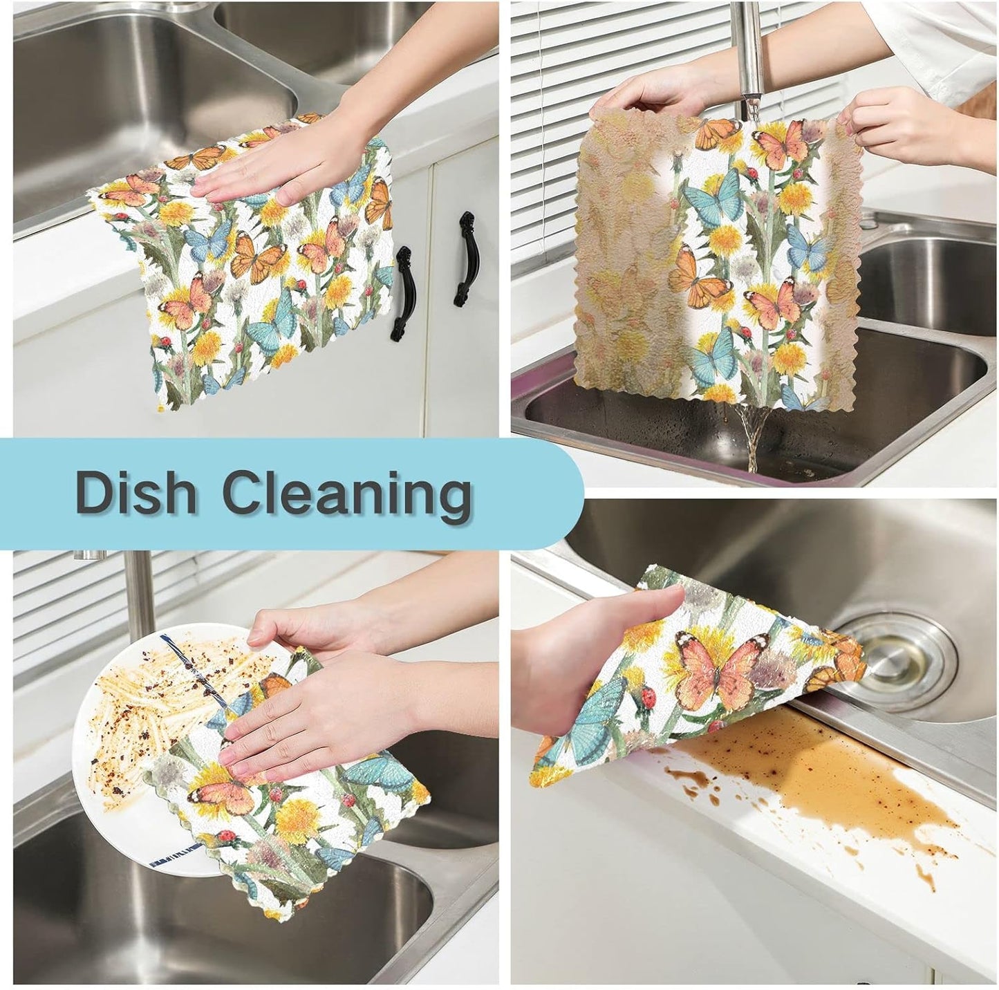Wild Flower Butterfly Kitchen Towel Set of 6 Reusable Cleaning Cloths Bar Hand Towel Dishcloths