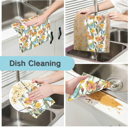 Wild Flower Butterfly Kitchen Towel Set of 6 Reusable Cleaning Cloths Bar Hand Towel Dishcloths