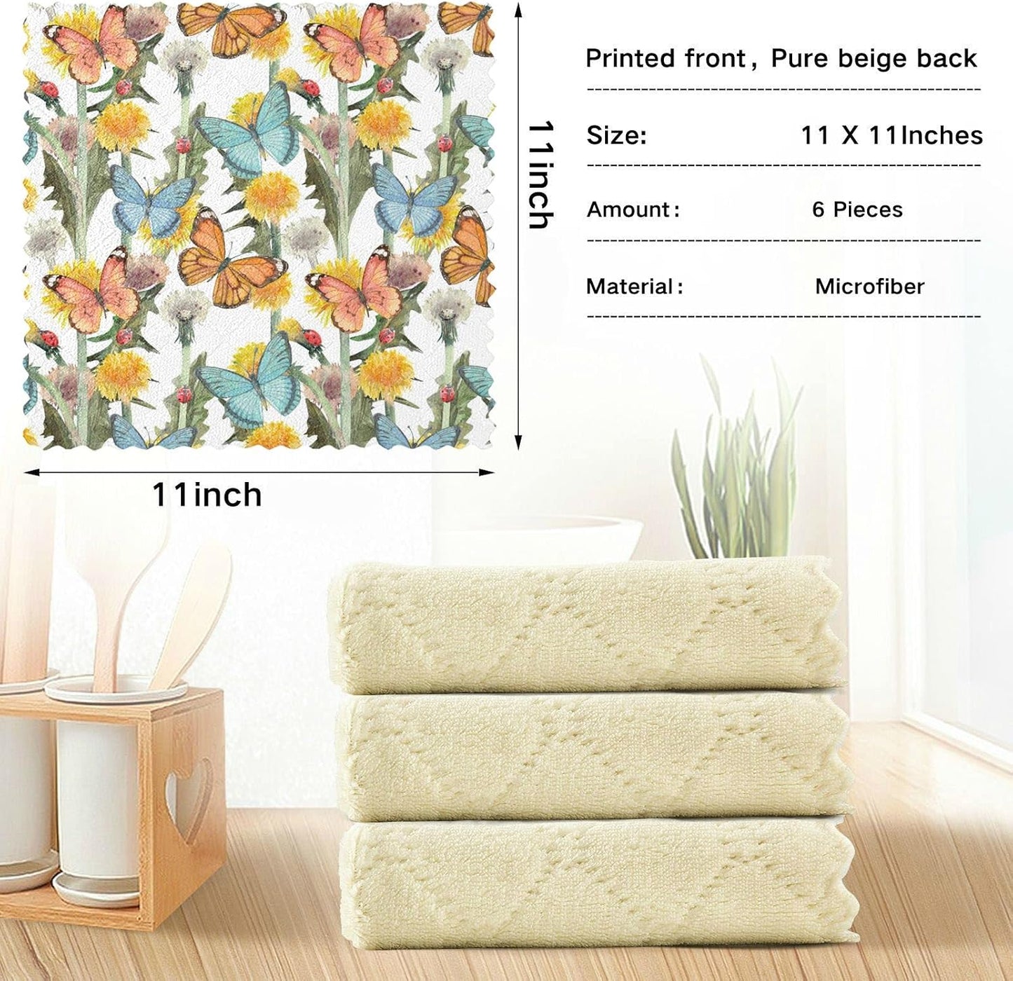 Wild Flower Butterfly Kitchen Towel Set of 6 Reusable Cleaning Cloths Bar Hand Towel Dishcloths