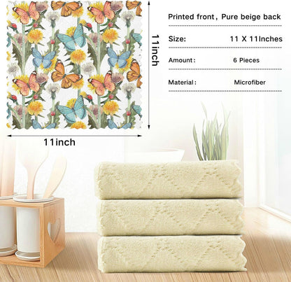 Wild Flower Butterfly Kitchen Towel Set of 6 Reusable Cleaning Cloths Bar Hand Towel Dishcloths