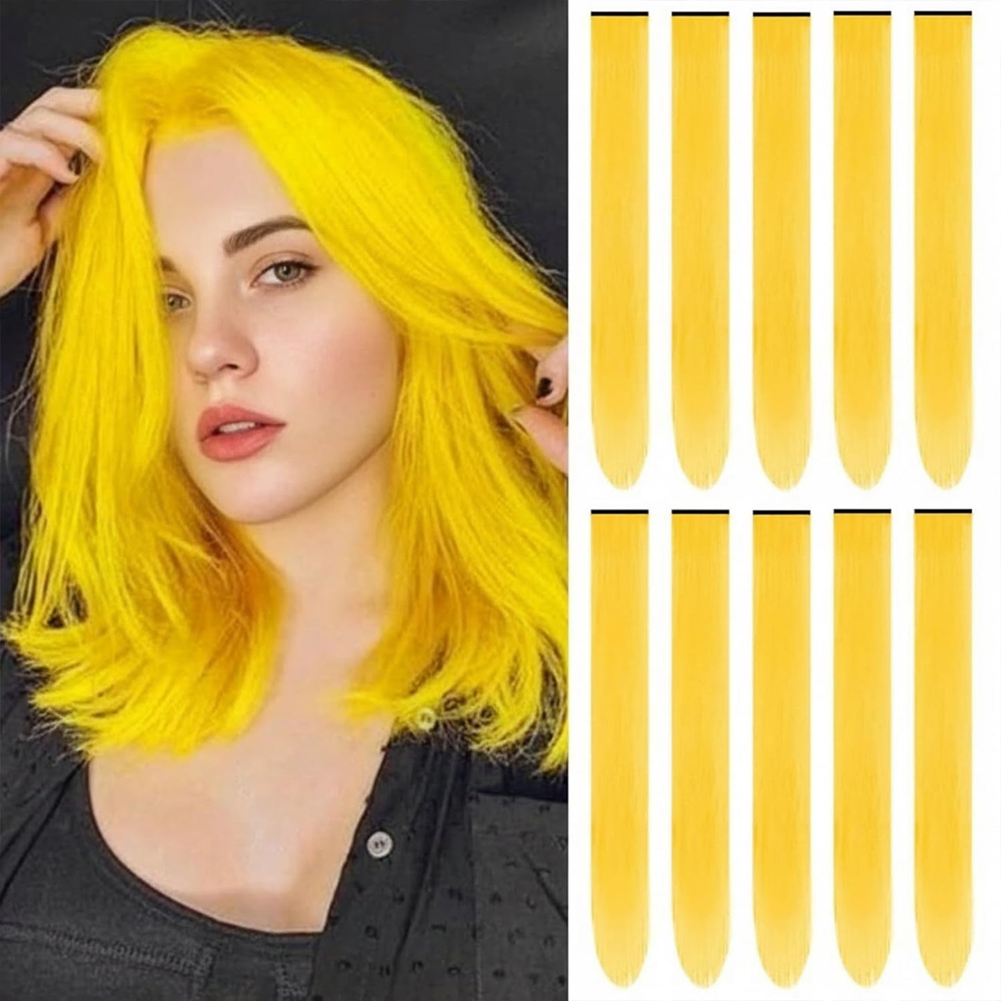 Yellow Hair Extensions Clip in Synthetic Hairpiece Highlights 10 PCS | 22 Inch Colored Hair Pieces Long Straight for Women Girls Cosplay Party Birthday Gifts