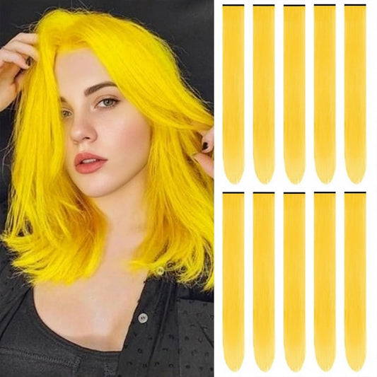 Yellow Hair Extensions Clip in Synthetic Hairpiece Highlights 10 PCS | 22 Inch Colored Hair Pieces Long Straight for Women Girls Cosplay Party Birthday Gifts