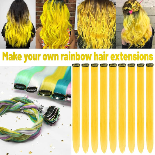 Yellow Hair Extensions Clip in Synthetic Hairpiece Highlights 10 PCS | 22 Inch Colored Hair Pieces Long Straight for Women Girls Cosplay Party Birthday Gifts