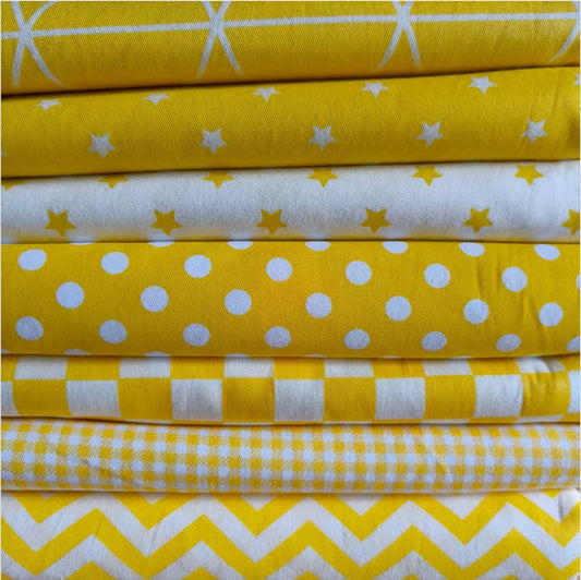 7PCS 9.8" x 9.8"(25 * 25CM) Quilting Fat Quarters Fabric Bundles, for Sewing Crafting,Print Floral Striped Polka Dot 100% Cotton Gingham Fabric (Yellow, 25 * 25cm)