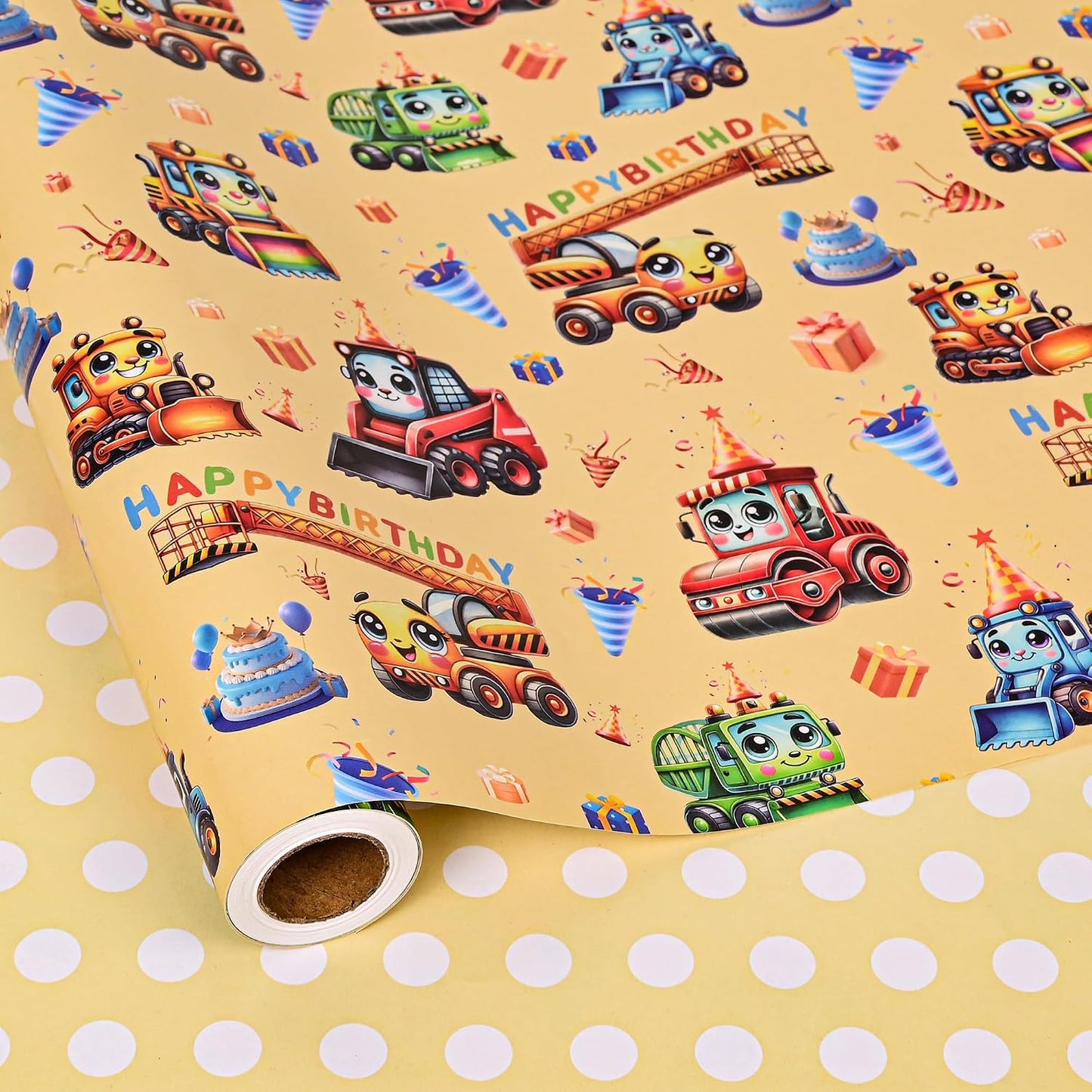Reversible Construction Birthday Wrapping Paper Roll for Boys Kids - Bulldozers, Rollers Lift, Happy Borthday Text and Yellow Polka Dots Gift Wrap for Holiday Baby Shower DIY Craft Party - 17 in x 20 ft(Total 28.5sq.ft)