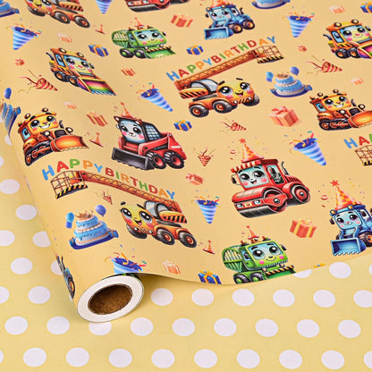 Reversible Construction Birthday Wrapping Paper Roll for Boys Kids - Bulldozers, Rollers Lift, Happy Borthday Text and Yellow Polka Dots Gift Wrap for Holiday Baby Shower DIY Craft Party - 17 in x 20 ft(Total 28.5sq.ft)
