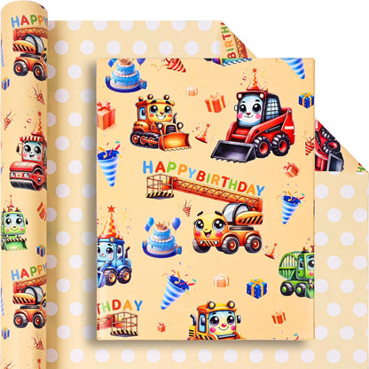 Reversible Construction Birthday Wrapping Paper Roll for Boys Kids - Bulldozers, Rollers Lift, Happy Borthday Text and Yellow Polka Dots Gift Wrap for Holiday Baby Shower DIY Craft Party - 17 in x 20 ft(Total 28.5sq.ft)