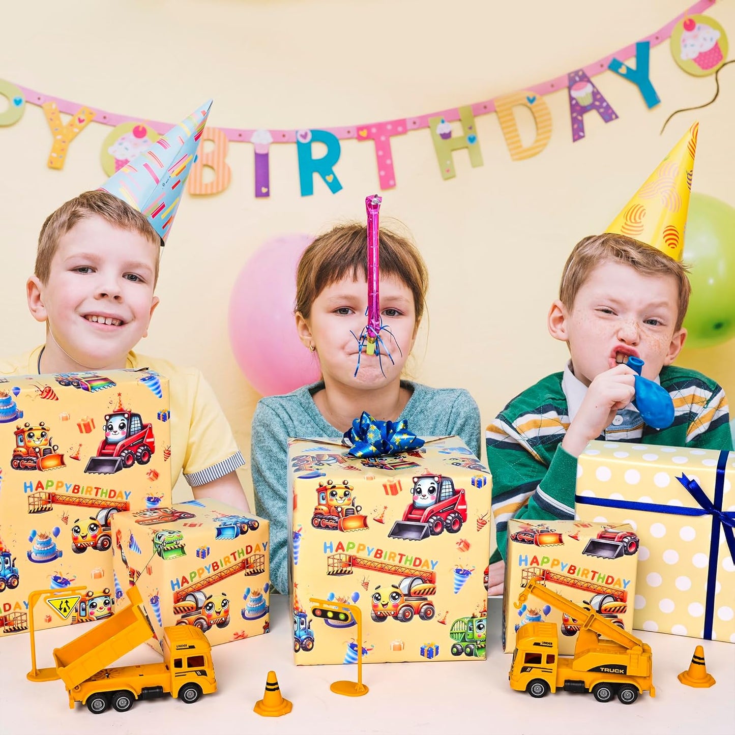 Reversible Construction Birthday Wrapping Paper Roll for Boys Kids - Bulldozers, Rollers Lift, Happy Borthday Text and Yellow Polka Dots Gift Wrap for Holiday Baby Shower DIY Craft Party - 17 in x 20 ft(Total 28.5sq.ft)