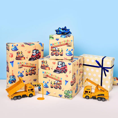 Reversible Construction Birthday Wrapping Paper Roll for Boys Kids - Bulldozers, Rollers Lift, Happy Borthday Text and Yellow Polka Dots Gift Wrap for Holiday Baby Shower DIY Craft Party - 17 in x 20 ft(Total 28.5sq.ft)