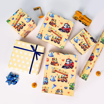 Reversible Construction Birthday Wrapping Paper Roll for Boys Kids - Bulldozers, Rollers Lift, Happy Borthday Text and Yellow Polka Dots Gift Wrap for Holiday Baby Shower DIY Craft Party - 17 in x 20 ft(Total 28.5sq.ft)
