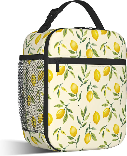 Watercolor Lemon Lunch Box for Men,Green Leaves Lightweight Reusable Lunch Bag for Girls Boys,Portable Insulated Small Cooler Bag for Picnic,Travel,School,Office