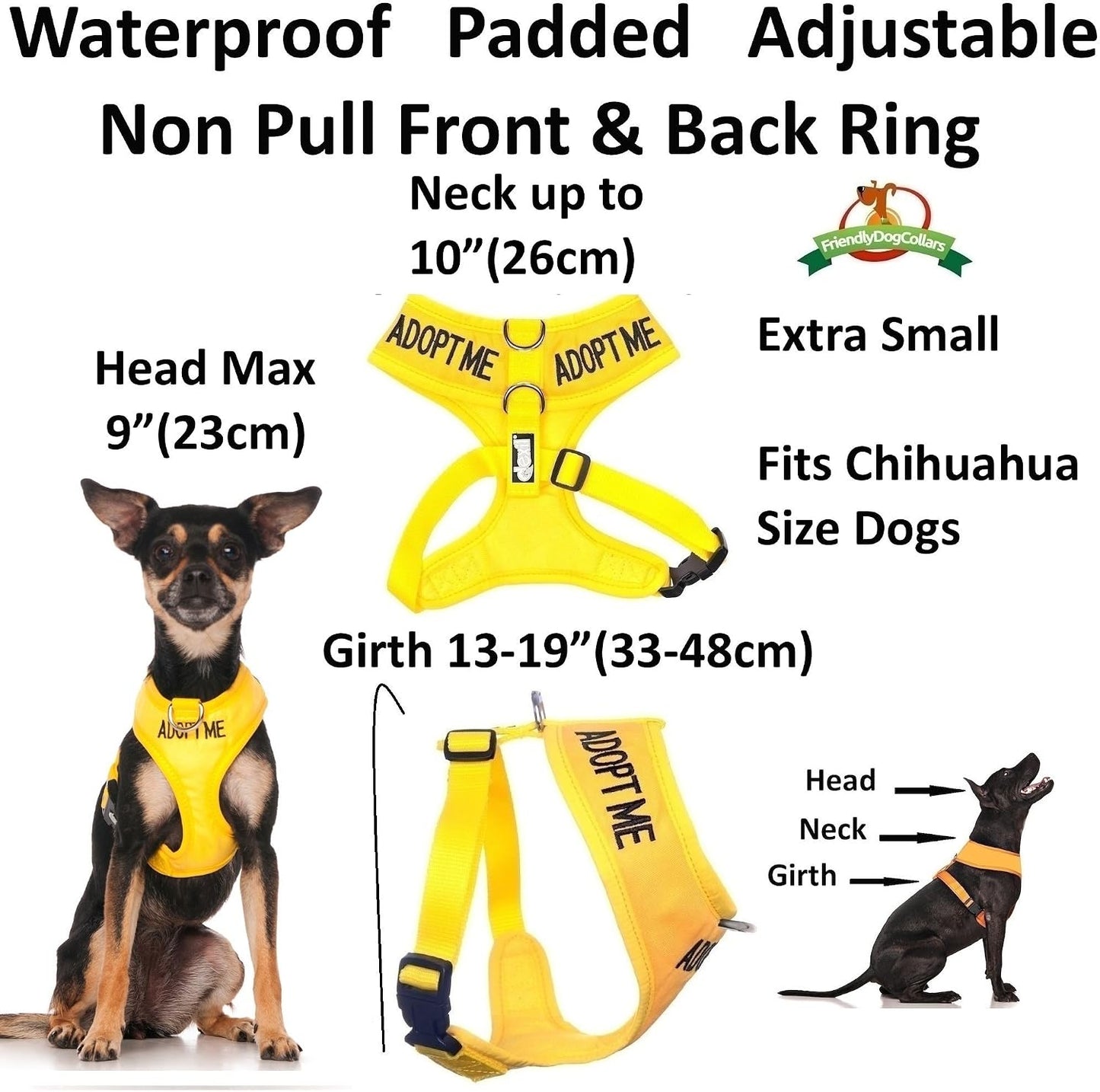 Limited Adopt ME Yellow Color Coded Non-Pull Front and Back D Ring Padded and Waterproof Vest Dog Harness Donate to Your Local Charity (XS)